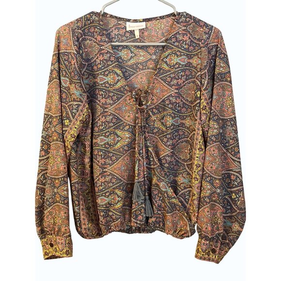 Boemo Boho Paisley Print Peasant Blouse Tassel‎ Tie Long Sleeve M - Picture 1 of 9
